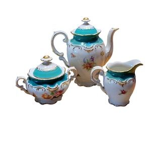 Schumann Bavaria Tea Set Creamer Sugar Pot Teal Gold Floral Germany Vintage